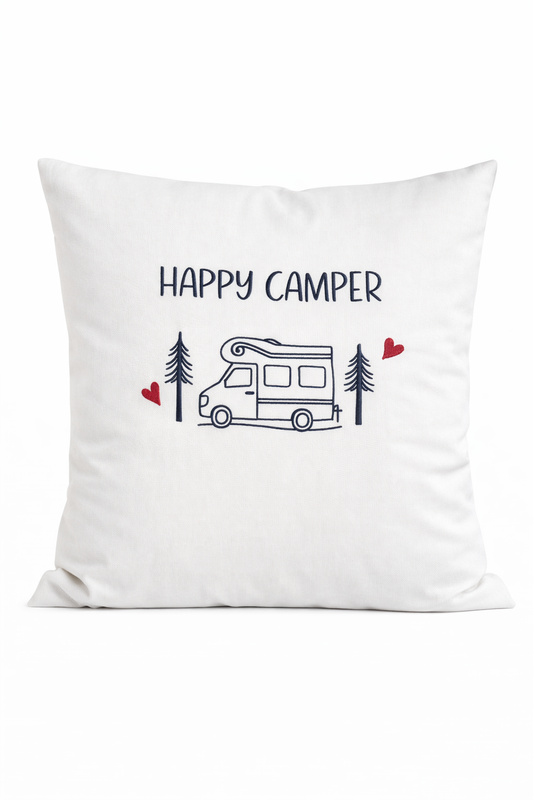 Kissenbezug - bestickt - Happy Camper Wohnmobil-Geschenk-WOHNACCESSOIRES