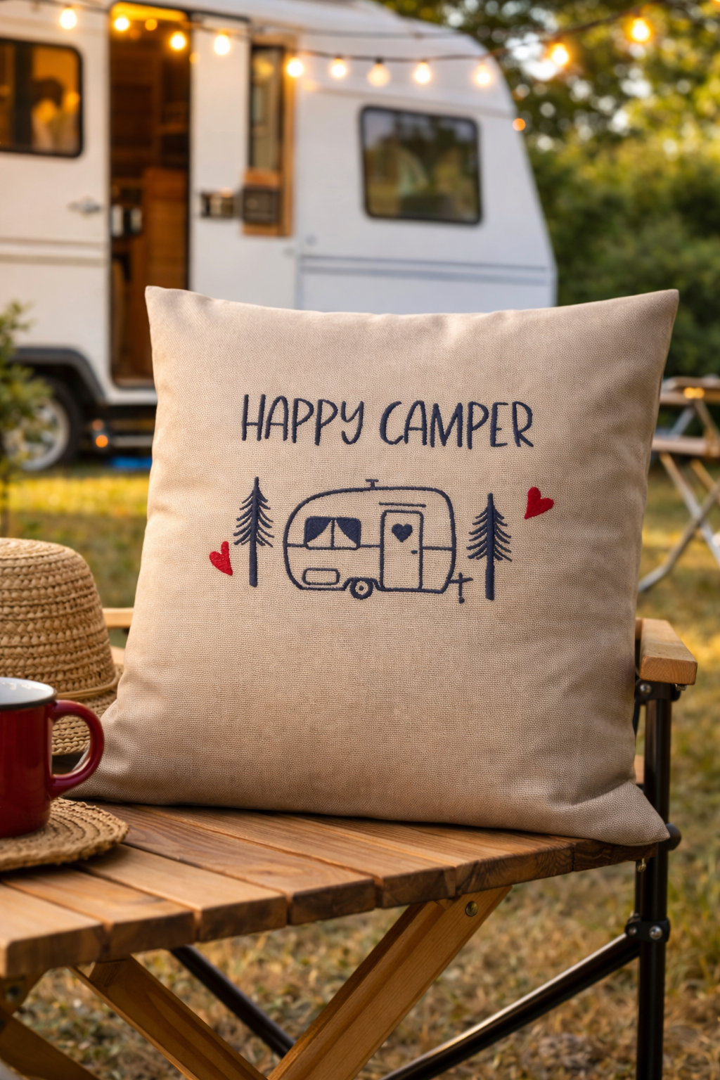 Dieser bestickte Kissenbezug ist eine liebevolle Geschenkidee und ein hochwertiges Mitbringsel für alle Campingliebhaber und Wohnwagenbesitzer
