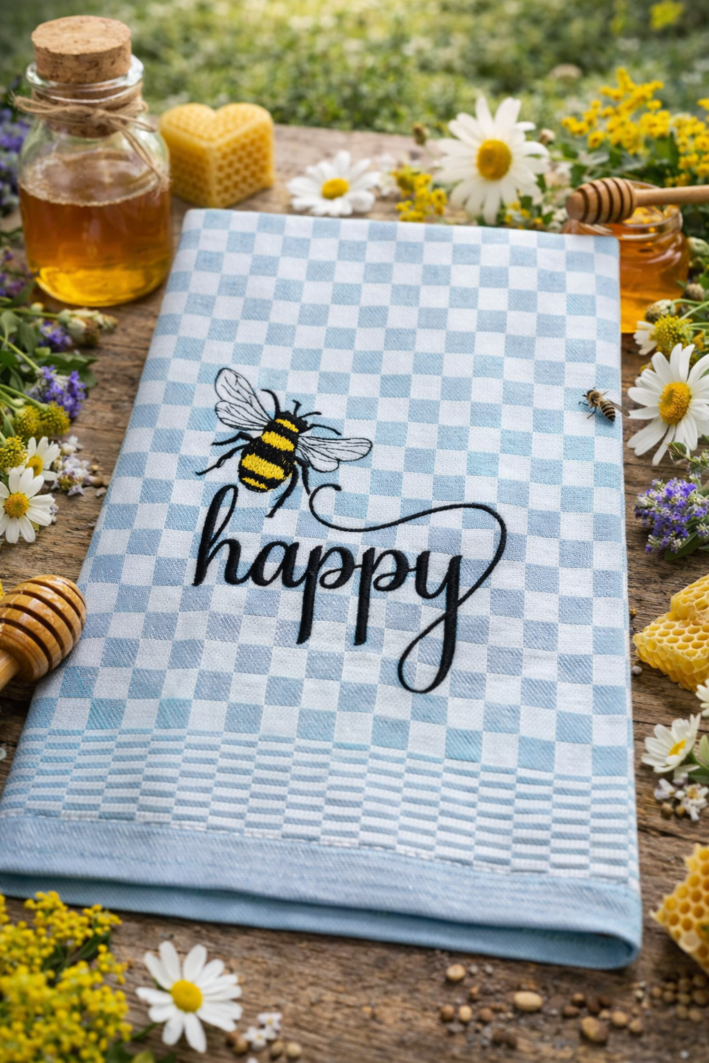 Besticktes Geschirrtuch "Biene Be Happy" - Geschenk-Küchendeko
