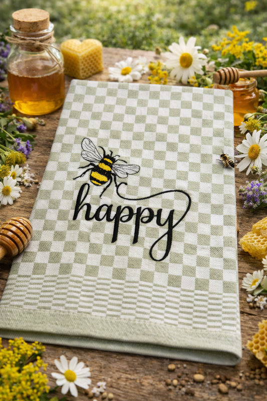 Besticktes Geschirrtuch "Biene Be Happy" - Geschenk-Küchendeko
