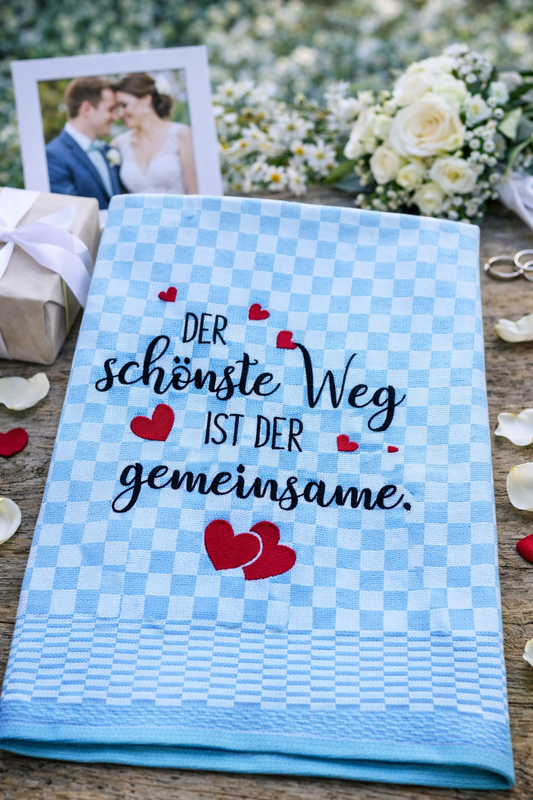 Besticktes Geschirrtuch "Der schönste Weg" - Geschenk für Familie-Hochzeit - Küchendeko