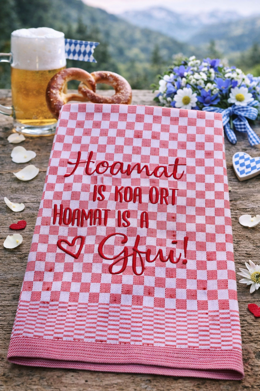 Besticktes Geschirrtuch "Hoamat is koa Ort, Hoamat is a Gfui" - Geschenk für alle die Ihr Zuhause lieben-Küchendeko