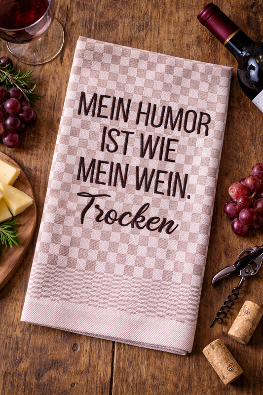 Besticktes Geschirrtuch "Wein Humor" - Geschenk für Weinliebhaber - Küchendeko