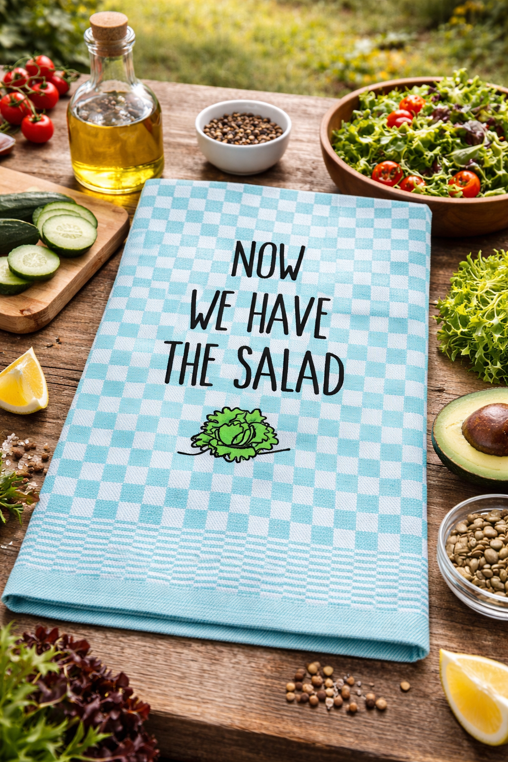 Besticktes Geschirrtuch "Now we have the salad" - Geschenk für Vegetarier-Salatliebhaber - Küchendeko