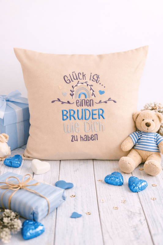 Kissenbezug - bestickt -Glück Bruder- Geschenk-Bruder - WOHNACCESSOIRES