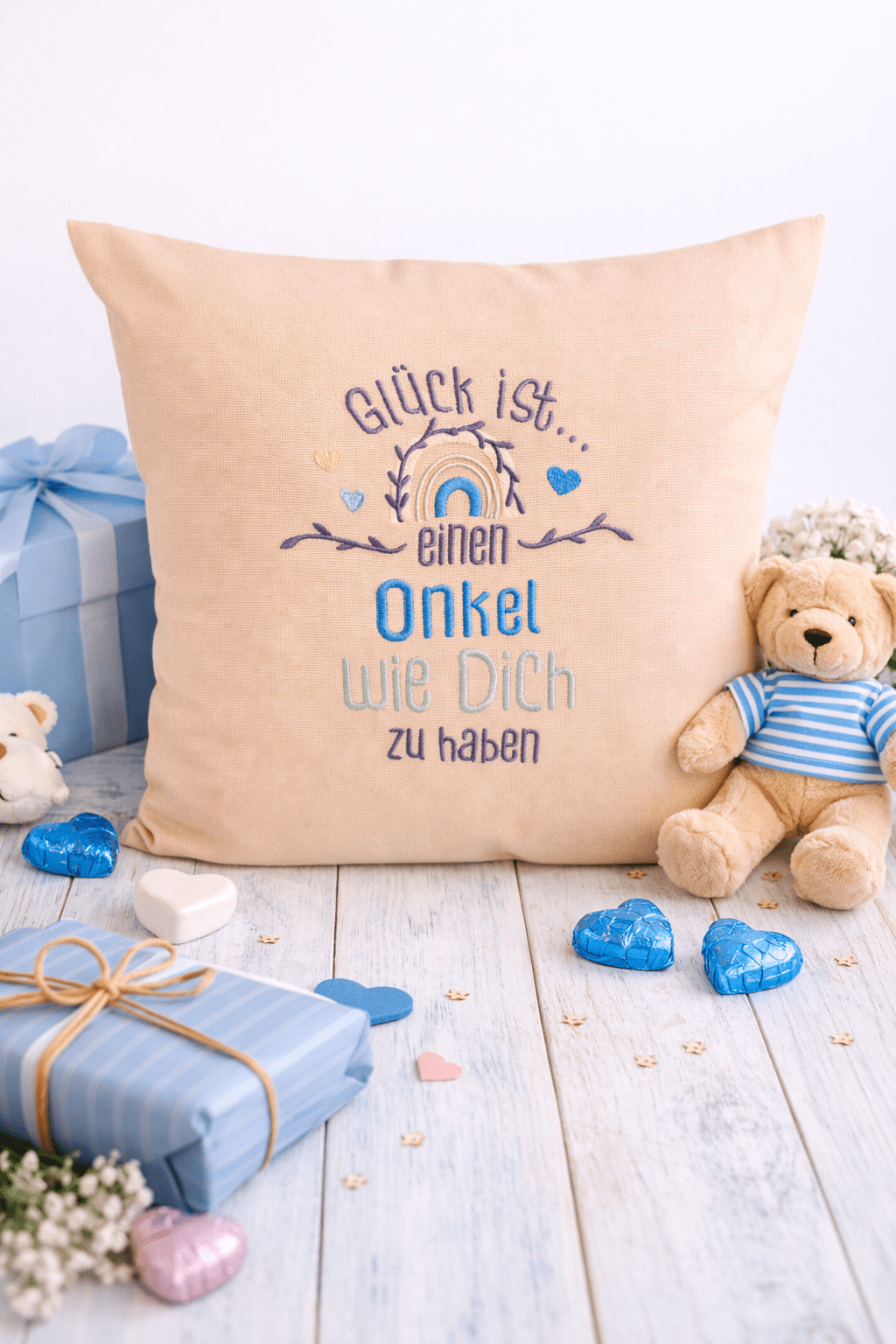 Kissenbezug - bestickt -Glück Onkel- Geschenk-Onkel - WOHNACCESSOIRES