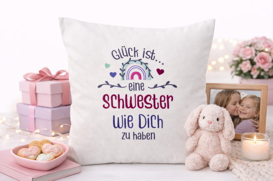 Kissenbezug - bestickt -Glück Schwester- Geschenk-Schwester-WOHNACCESSOIRES