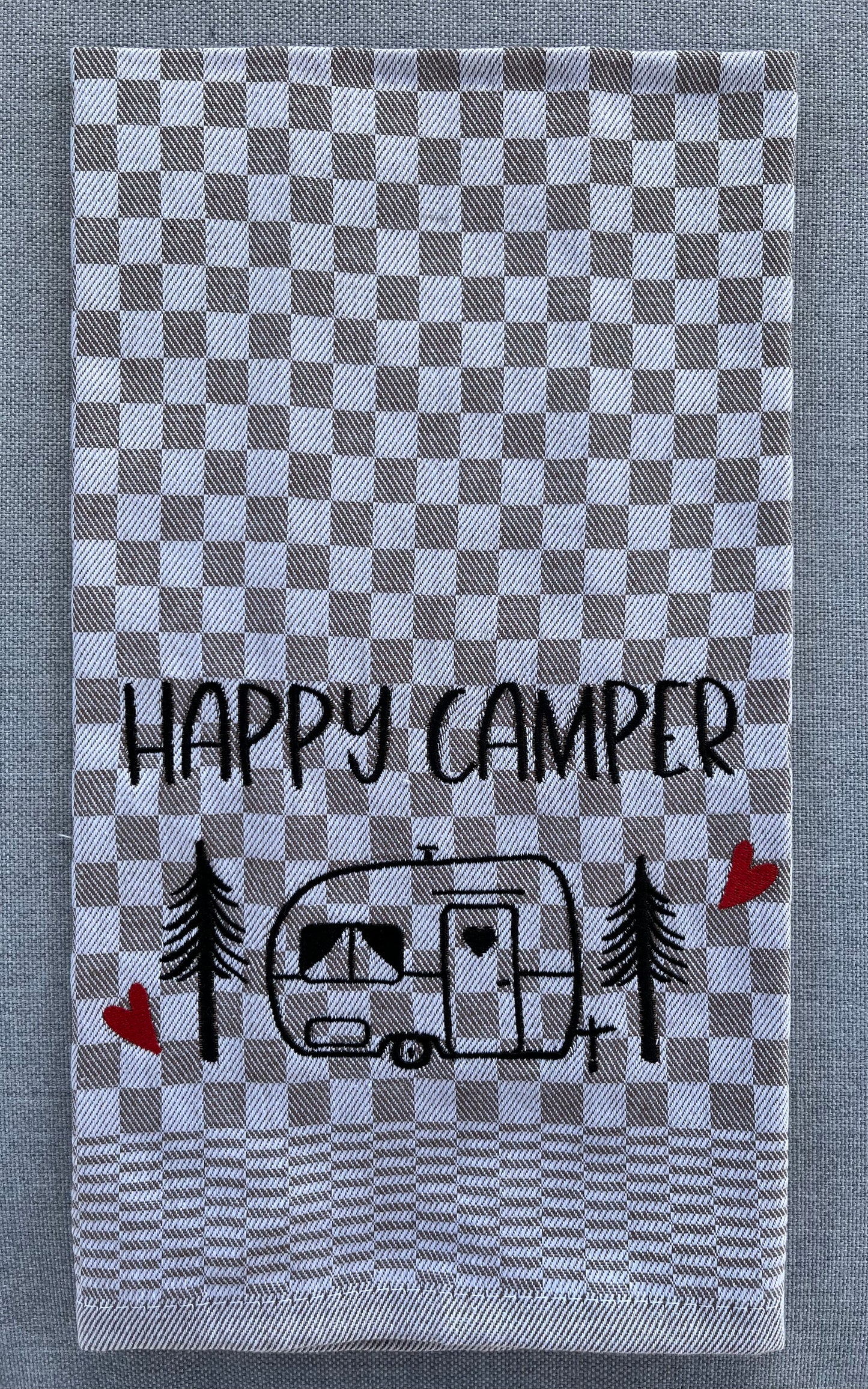 HAPPY CAMPER/WOHNWAGEN - Geschirrtuch bestickt, Küchentuch, Küche, Geschenk, Geschenkidee, Einladung