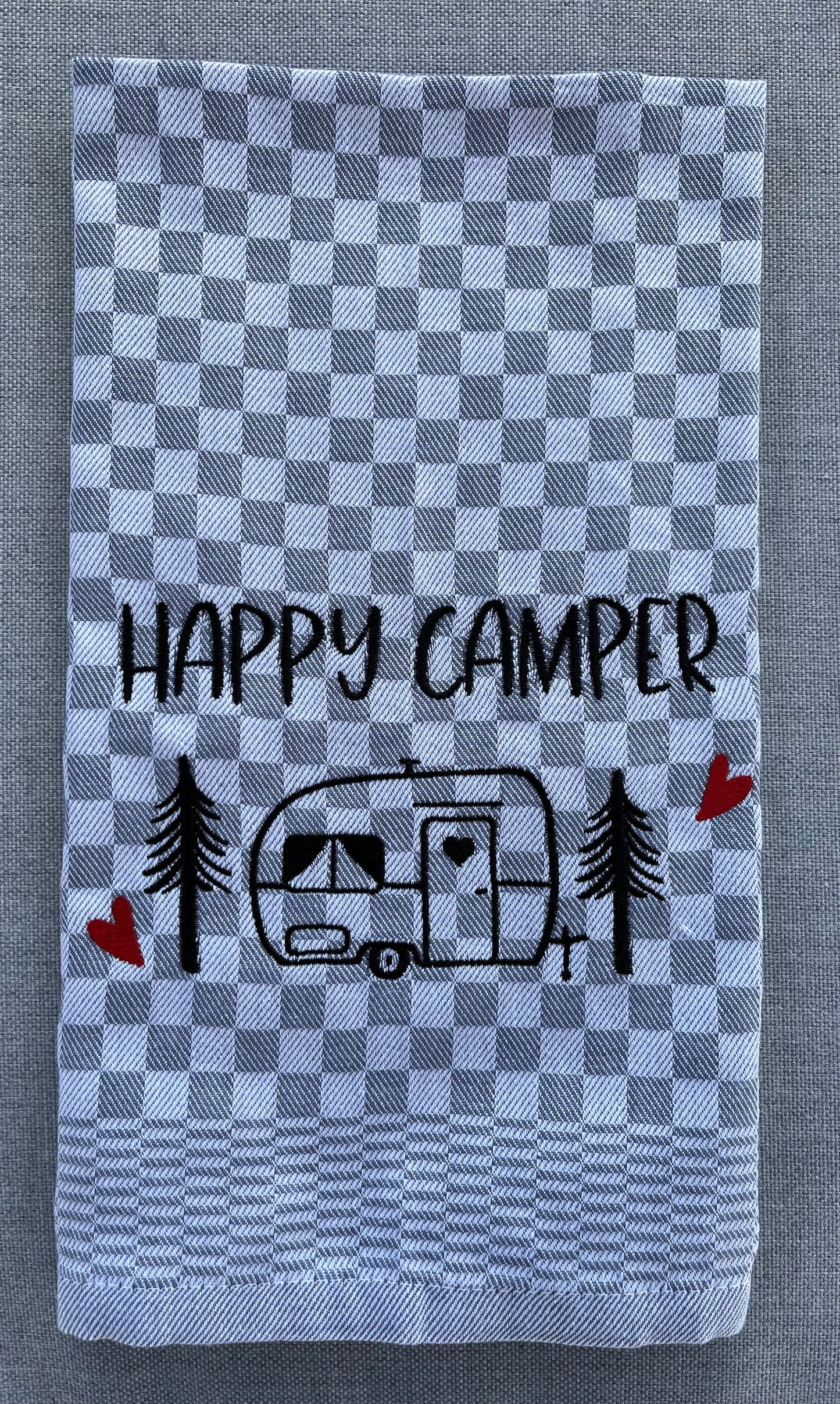 HAPPY CAMPER/WOHNWAGEN - Geschirrtuch bestickt, Küchentuch, Küche, Geschenk, Geschenkidee, Einladung