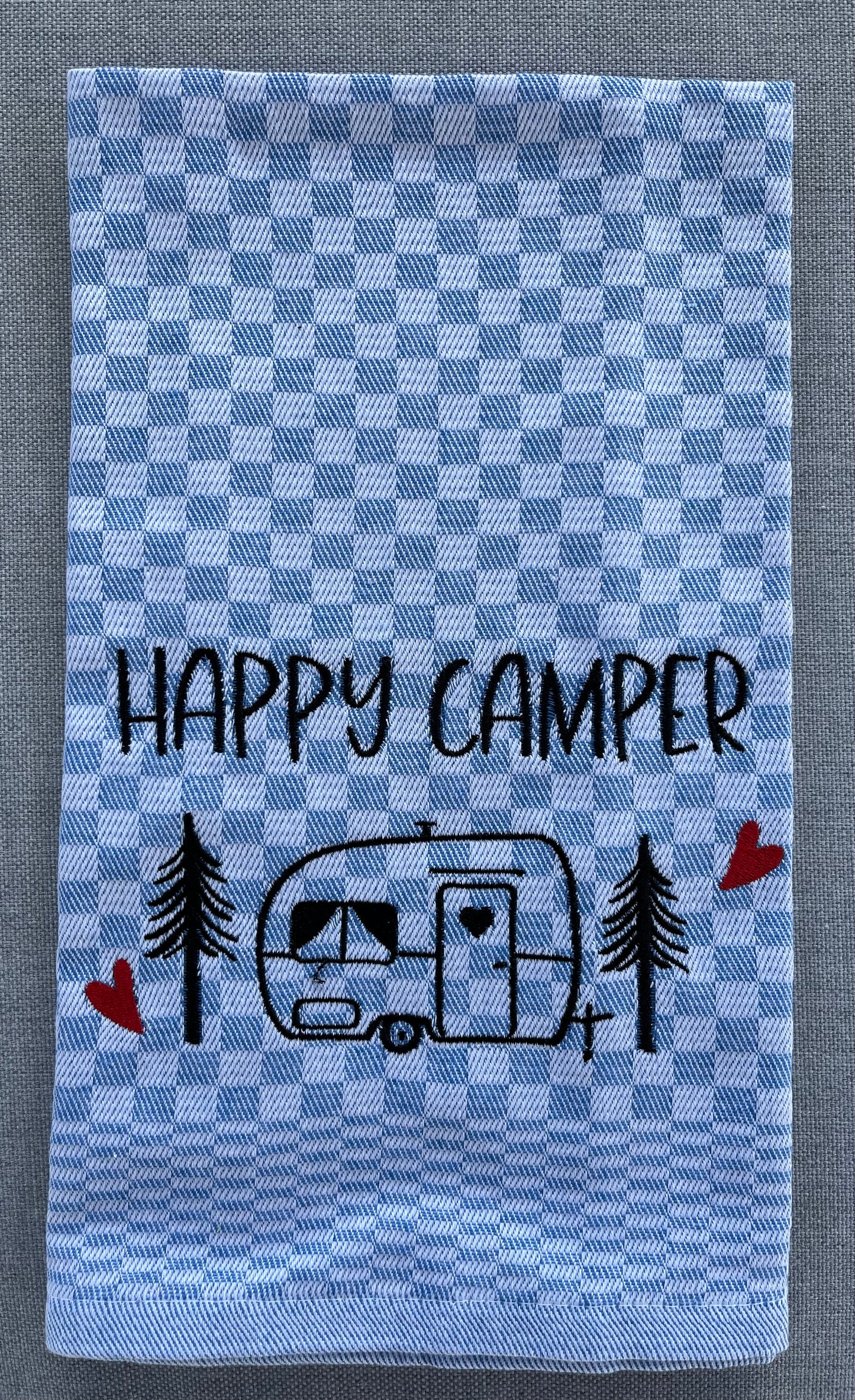 HAPPY CAMPER/WOHNWAGEN - Geschirrtuch bestickt, Küchentuch, Küche, Geschenk, Geschenkidee, Einladung