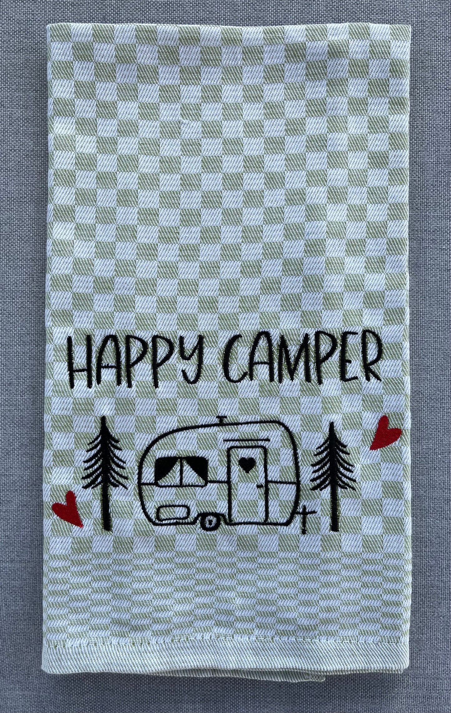 HAPPY CAMPER/WOHNWAGEN - Geschirrtuch bestickt, Küchentuch, Küche, Geschenk, Geschenkidee, Einladung