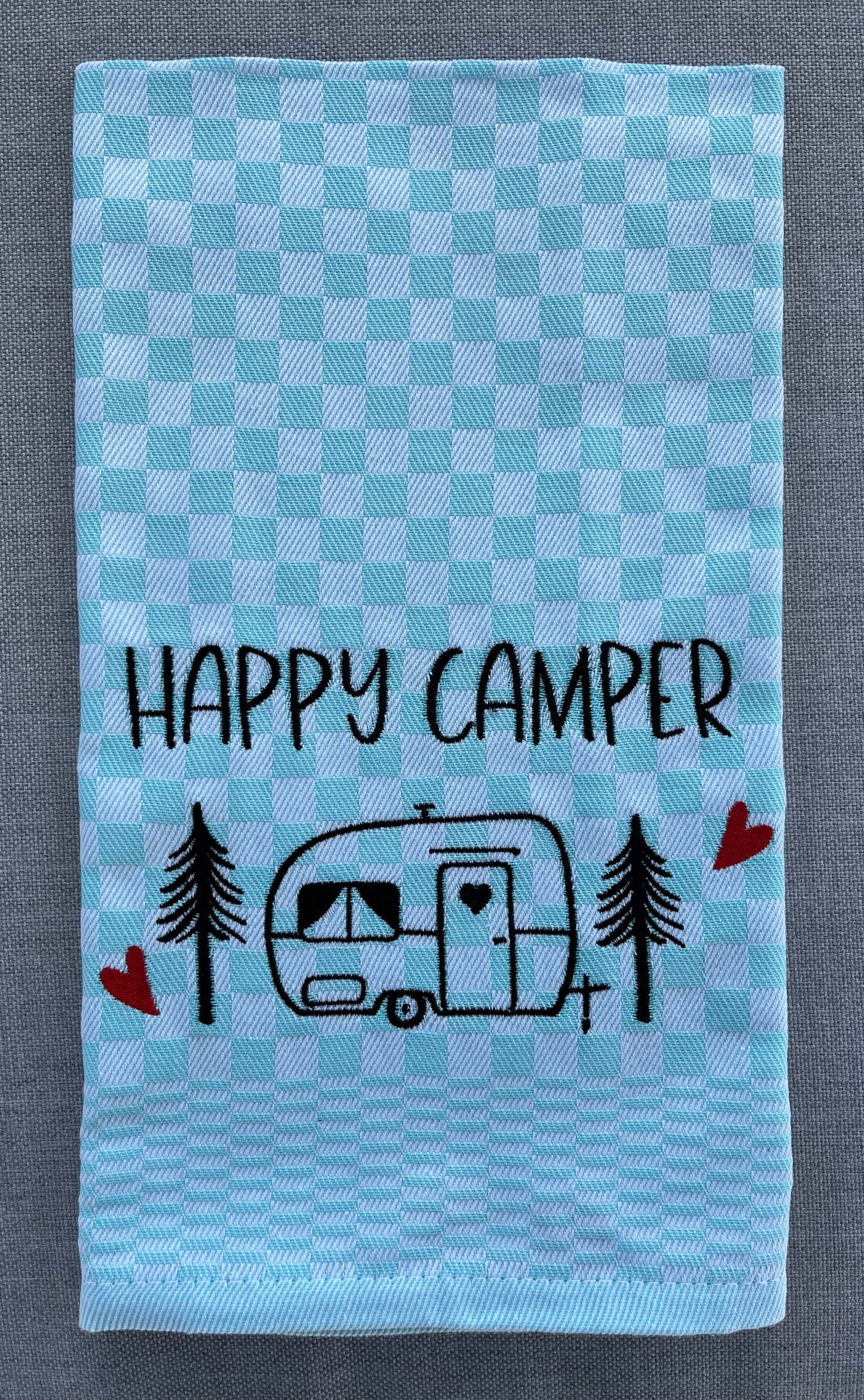 HAPPY CAMPER/WOHNWAGEN - Geschirrtuch bestickt, Küchentuch, Küche, Geschenk, Geschenkidee, Einladung