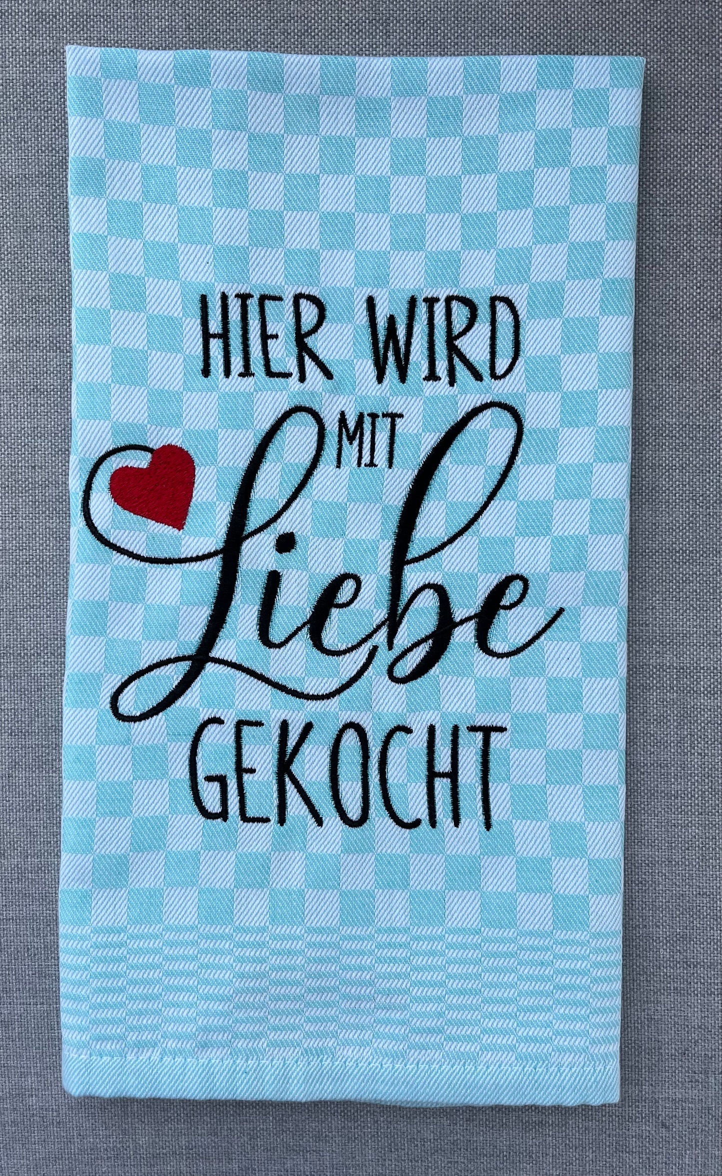 MIT LIEBE GEKOCHT - Geschirrtuch bestickt, Küchentuch, Küche, Geschenk, Geschenkidee, Einladung