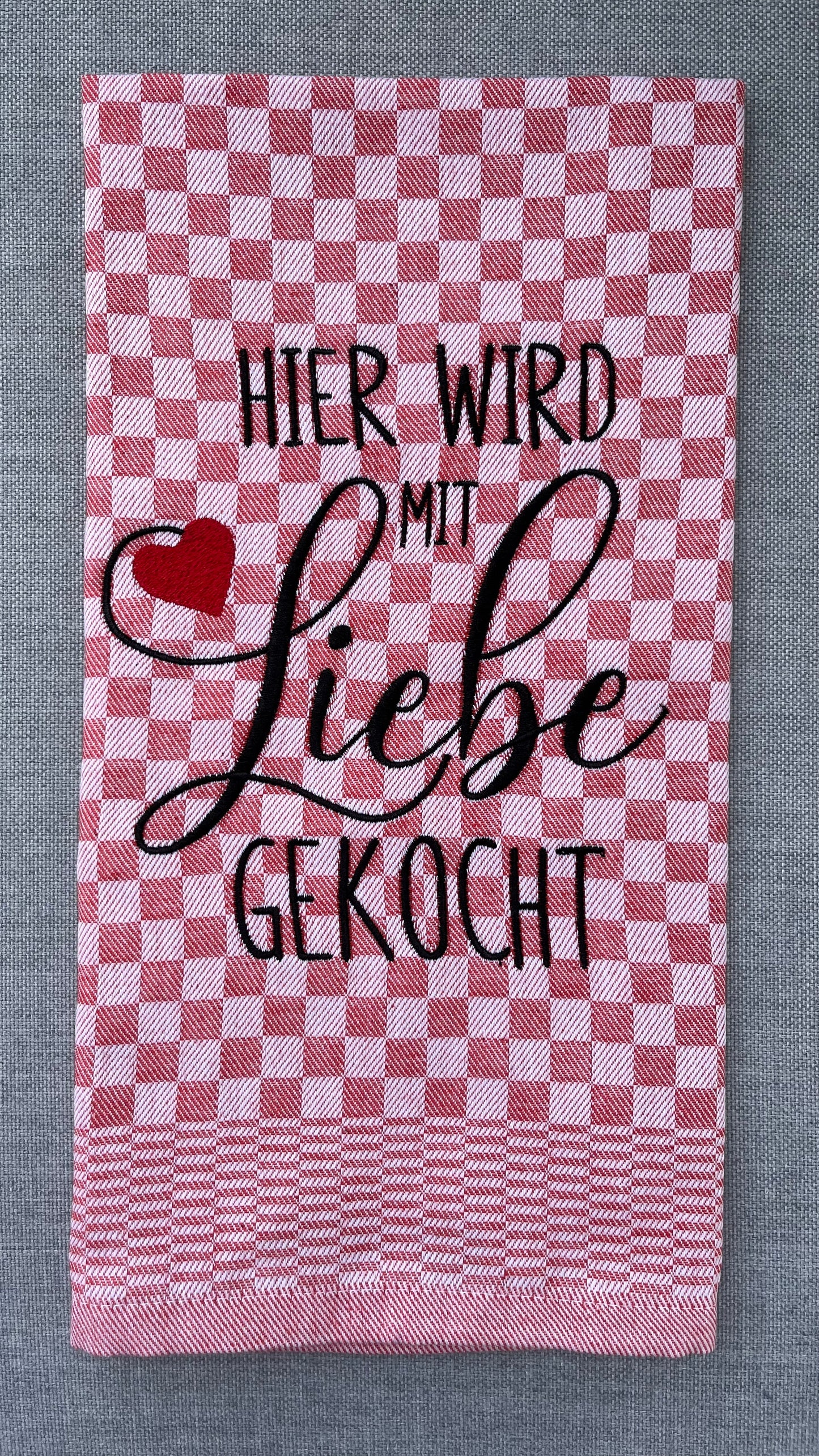 MIT LIEBE GEKOCHT - Geschirrtuch bestickt, Küchentuch, Küche, Geschenk, Geschenkidee, Einladung