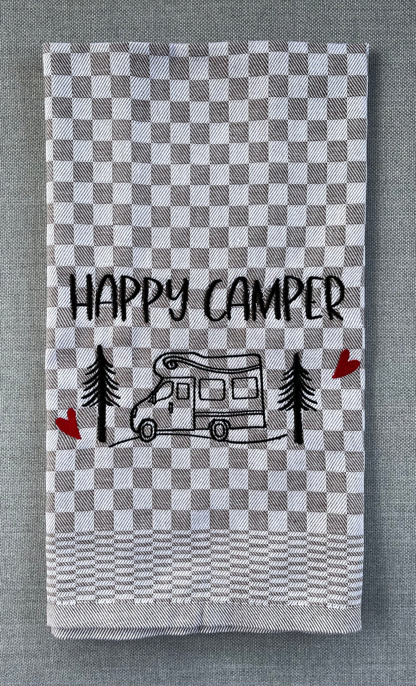 HAPPY CAMPER/WOHNMOBIL - Geschirrtuch bestickt, Küchentuch, Küche, Geschenk, Geschenkidee, Einladung