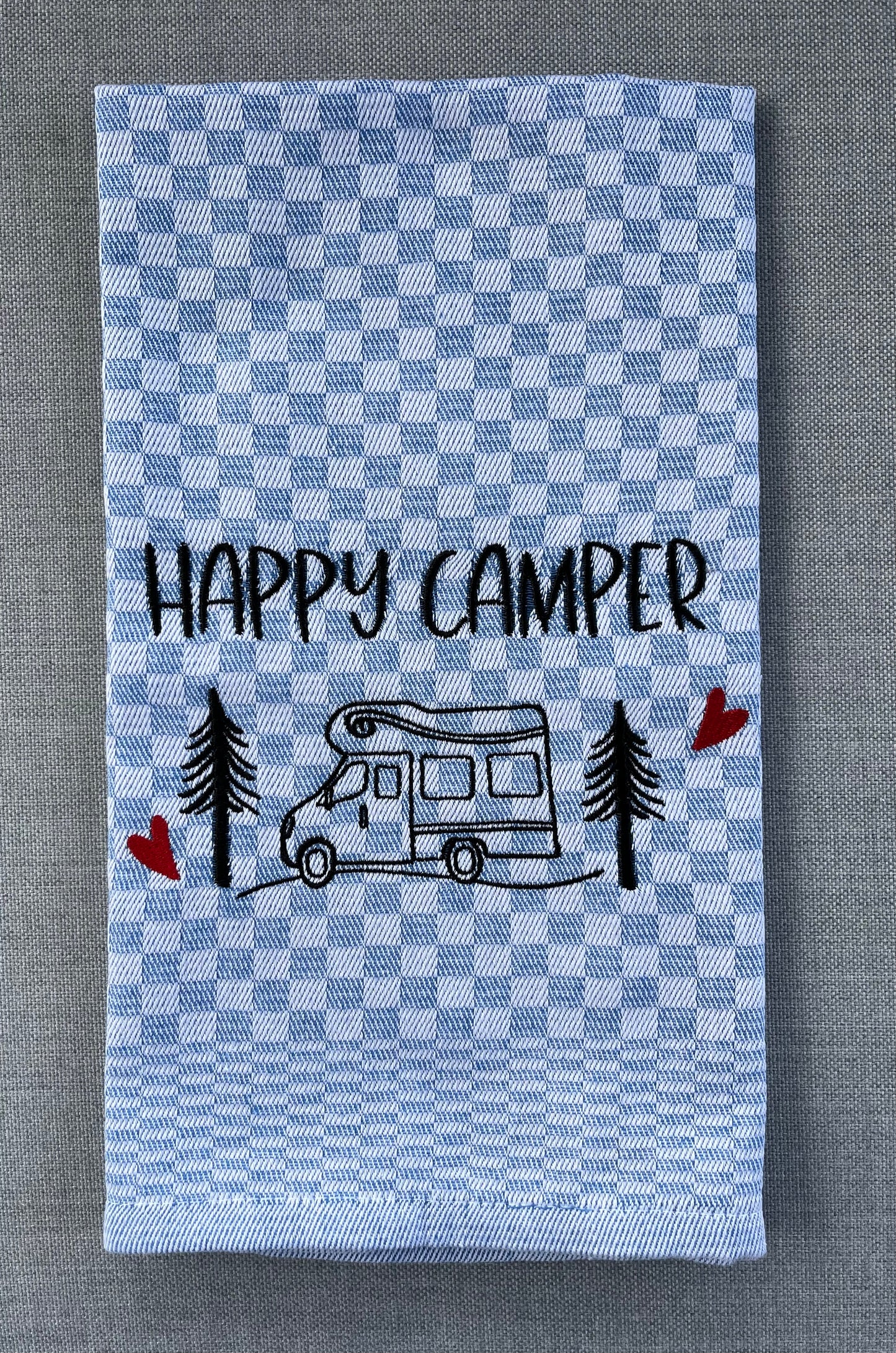 HAPPY CAMPER/WOHNMOBIL - Geschirrtuch bestickt, Küchentuch, Küche, Geschenk, Geschenkidee, Einladung