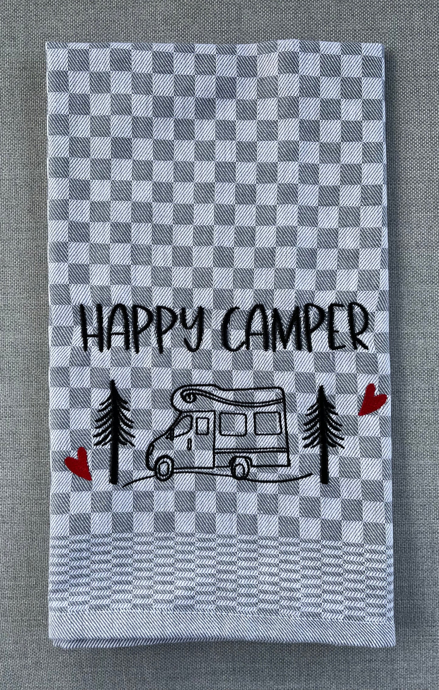 HAPPY CAMPER/WOHNMOBIL - Geschirrtuch bestickt, Küchentuch, Küche, Geschenk, Geschenkidee, Einladung