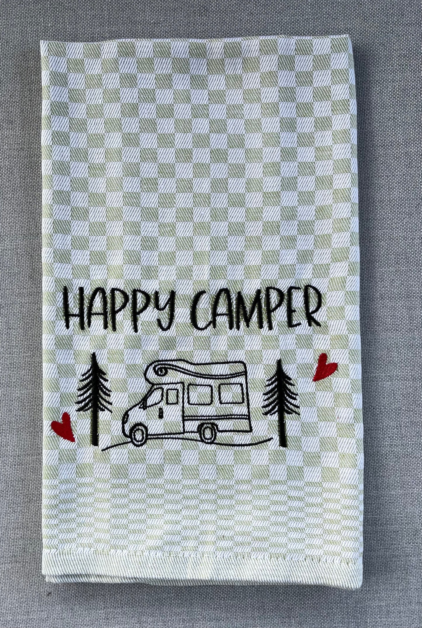 HAPPY CAMPER/WOHNMOBIL - Geschirrtuch bestickt, Küchentuch, Küche, Geschenk, Geschenkidee, Einladung