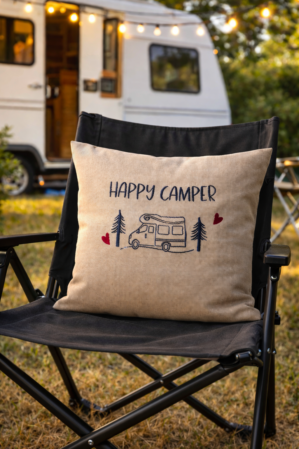 Dieser bestickte Kissenbezug ist eine liebevolle Geschenkidee und ein hochwertiges Mitbringsel für alle Campingliebhaber und Wohnmobilbesitzer