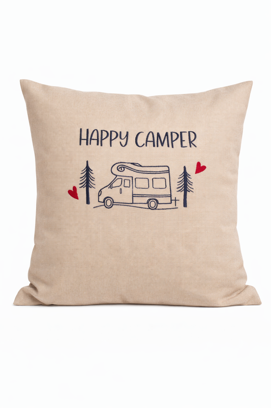 Kissenbezug - bestickt - Happy Camper Wohnmobil-Geschenk-WOHNACCESSOIRES