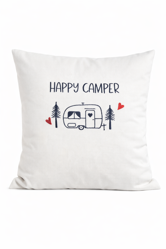 Kissenbezug - bestickt - Happy Camper Wohnwagen-Geschenk-WOHNACCESSOIRES