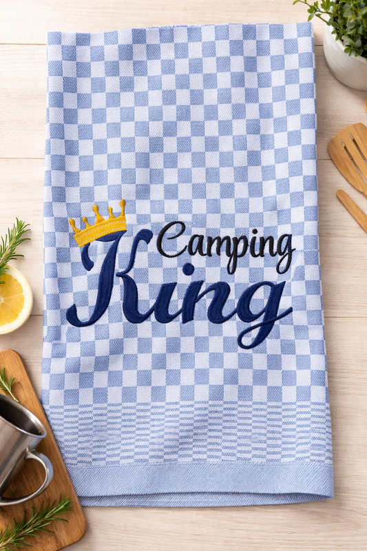 besticktes Geschirrtuch Camping King. Ideales Geschenk für Camper.