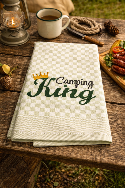 Besticktes Geschirrtuch "Camping King" - Geschenk für Camper-Küchendeko