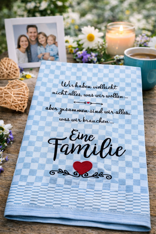 Dieses besticktes Geschirrtuch ist eine liebevolle Geschenkidee und ein hochwertiges Mitbringsel für Familie und Familienmitglieder