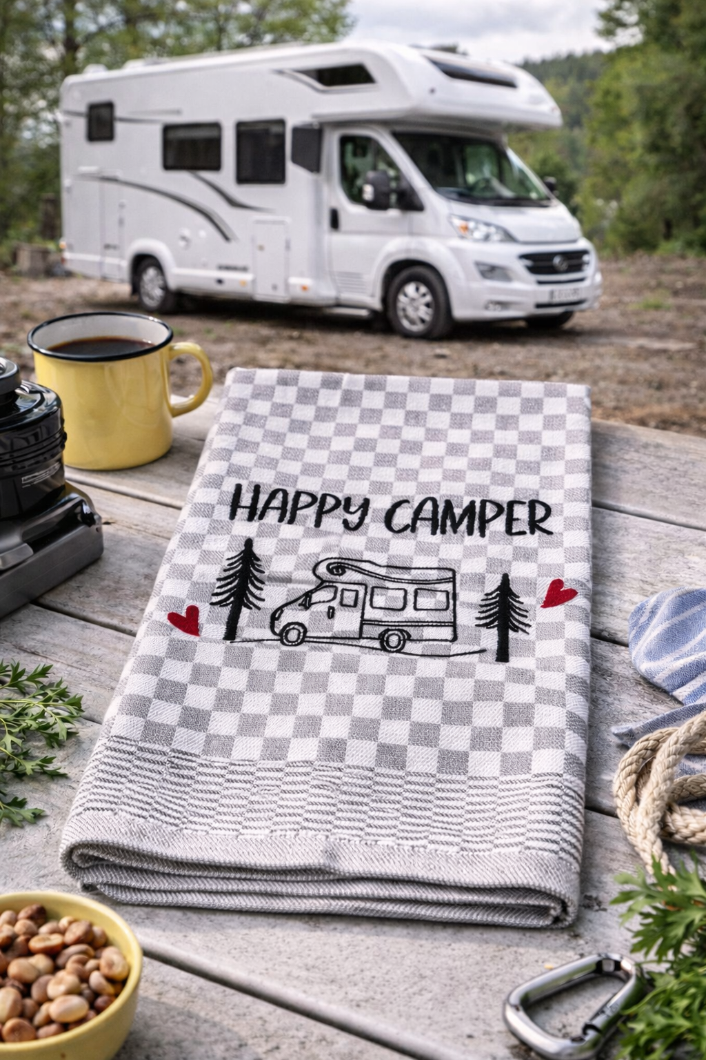 Perfektes Geschenk für Camper mit Wohnmobil. Besticktes Geschirrtuch mit liebevollem Motiv als dekorativer Küchenhelfer.