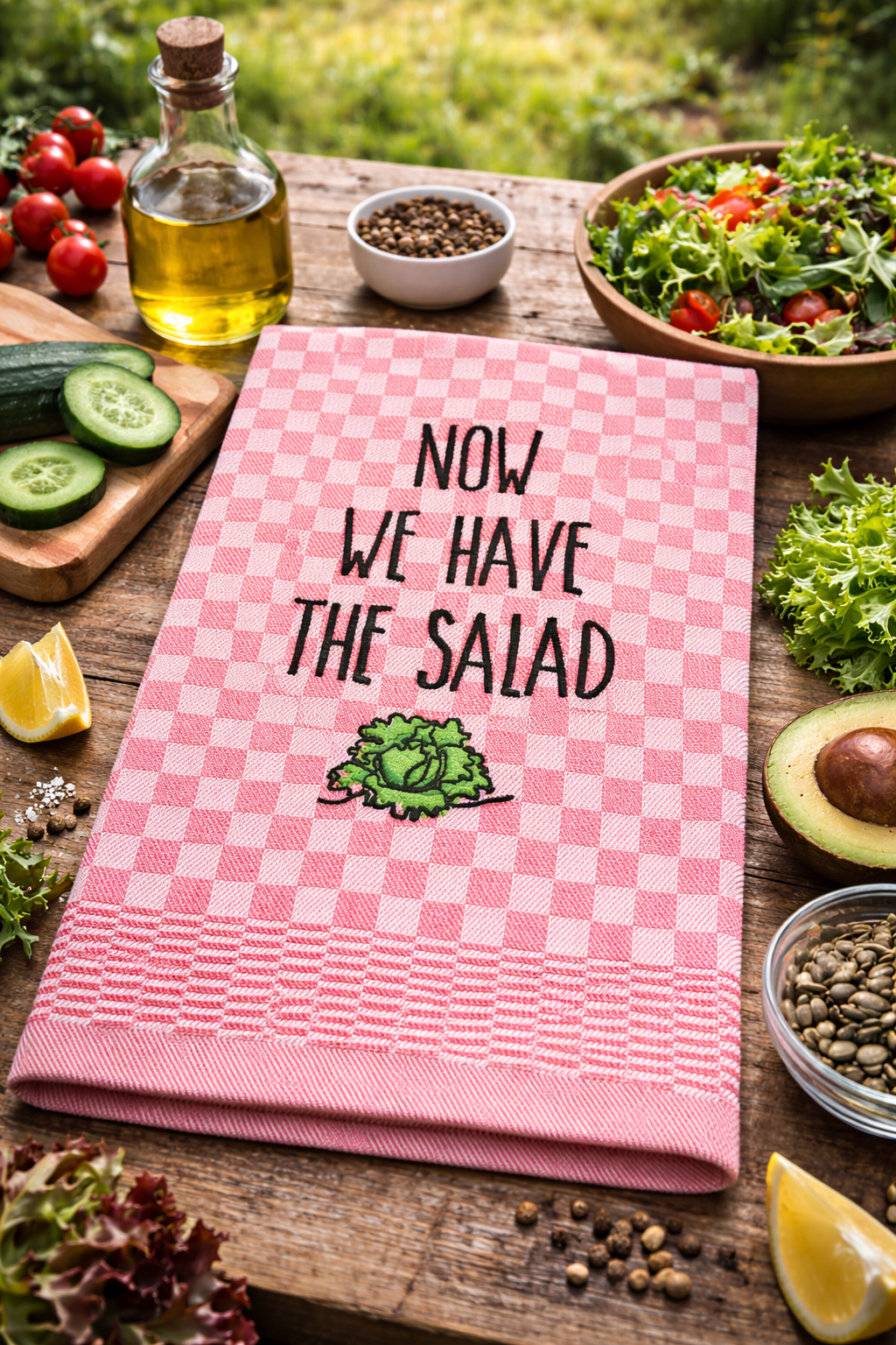 Besticktes Geschirrtuch "Now we have the salad" - Geschenk für Vegetarier-Salatliebhaber - Küchendeko