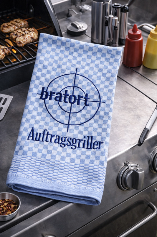 Besticktes Geschirrtuch "Bratort-Auftragsgriller" - Geschenk für Griller - Küchendeko