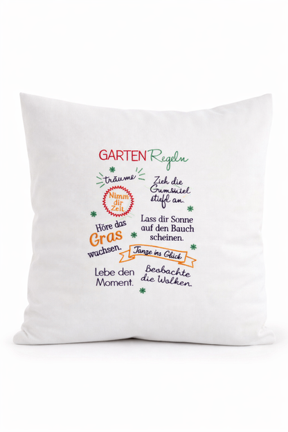 Kissenbezug - bestickt -Gartenregeln - WOHNACCESSOIRES