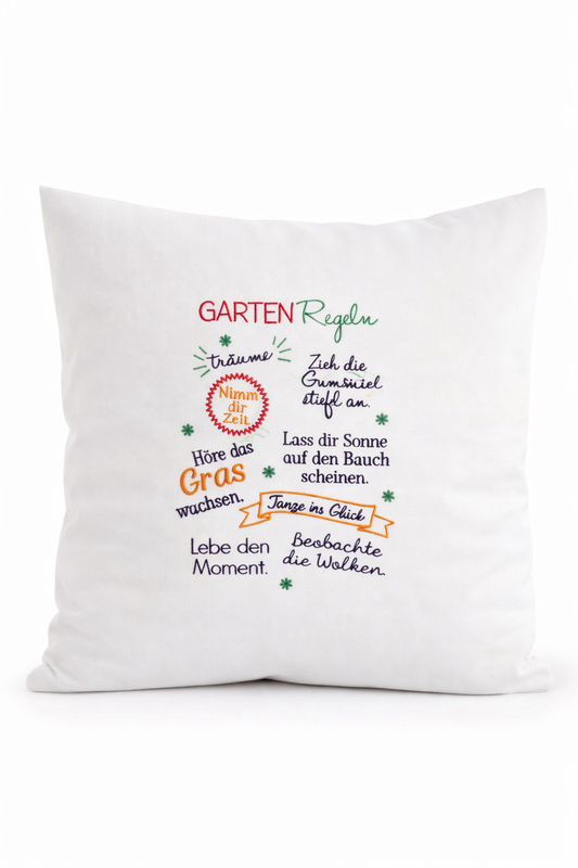 Kissenbezug - bestickt -Gartenregeln - WOHNACCESSOIRES