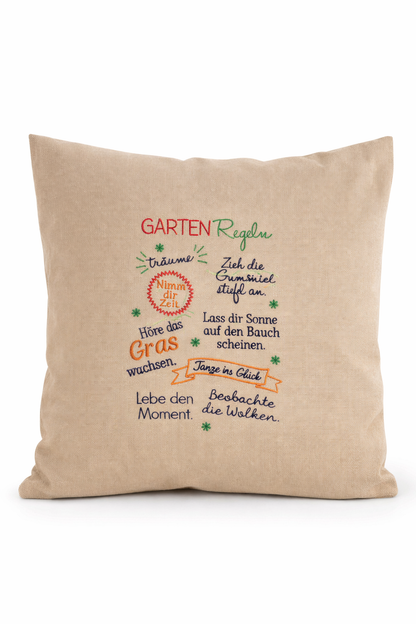 Kissenbezug - bestickt -Gartenregeln - WOHNACCESSOIRES