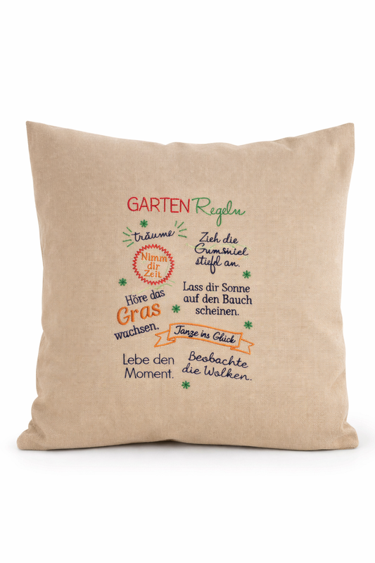 Kissenbezug - bestickt -Gartenregeln - WOHNACCESSOIRES