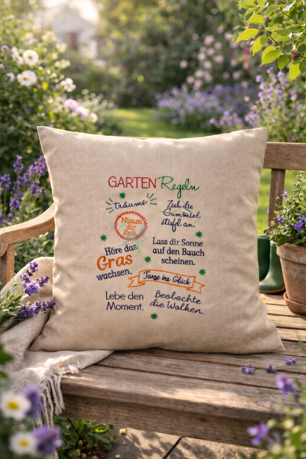 Kissenbezug - bestickt -Gartenregeln - WOHNACCESSOIRES