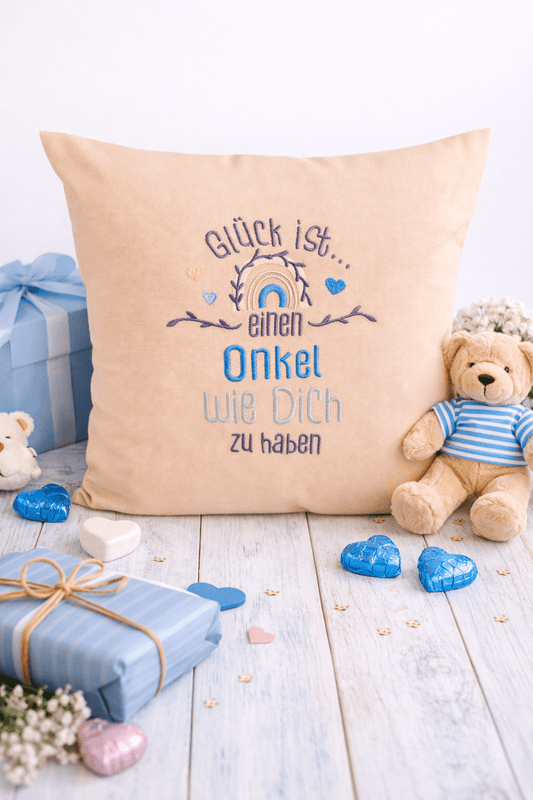 Kissenbezug - bestickt -Glück Onkel- Geschenk-Onkel - WOHNACCESSOIRES