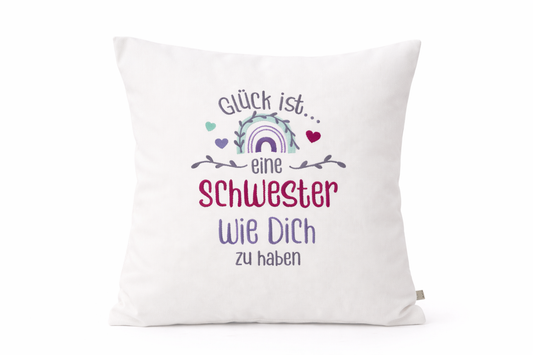 Kissenbezug - bestickt -Glück Schwester- Geschenk-Schwester-WOHNACCESSOIRES