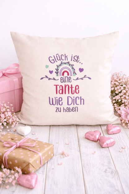 Kissenbezug - bestickt -Glück Tante- Geschenk-Tante - WOHNACCESSOIRES