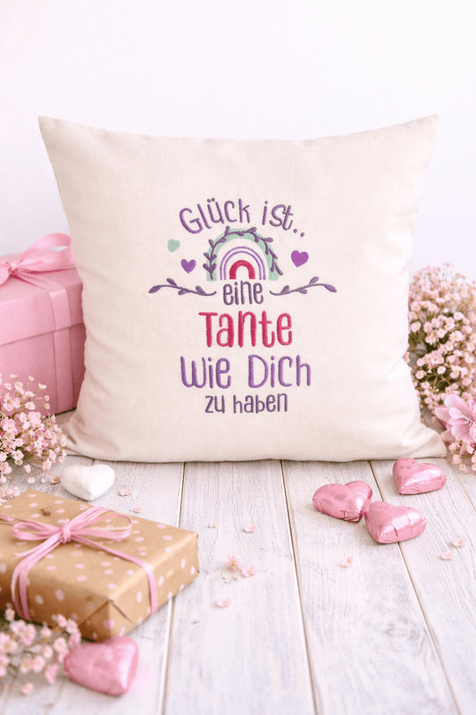 Kissenbezug - bestickt -Glück Tante- Geschenk-Tante - WOHNACCESSOIRES