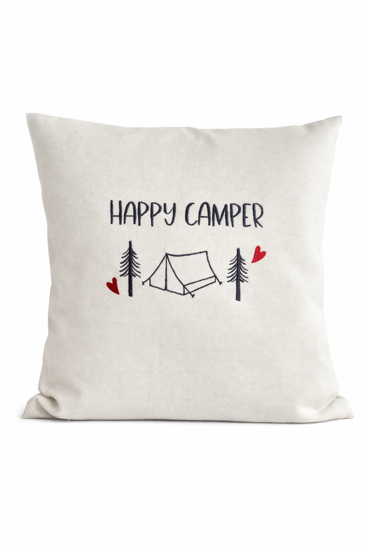 Kissenbezug - bestickt - Happy Camper Zelt-Geschenk-WOHNACCESSOIRES
