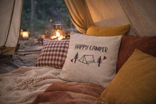 Kissenbezug Zierkissen 40x40 bestickt Baumwolle - Deko für Wohnzimmer Geschenk für Camper mit Zelt