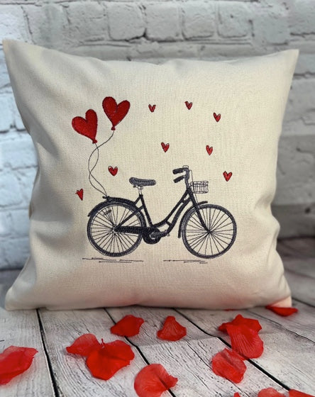 Kissen bestickt, 40x40cm, Fahrrad, Liebe, Herzen, Geschenkidee, Fahrradliebhaber