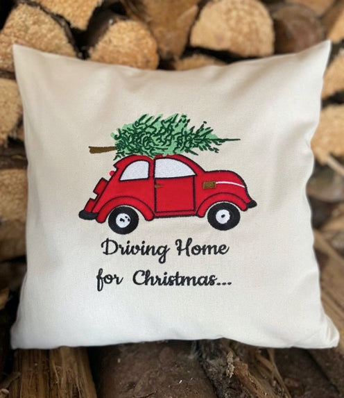 Kissen"Driving Home for christmas"40x40cm-bestickter Kissenbezug,Bio-Baumwolle,Geschenk,Auto,UNIKAT,Dekokissen,Deko,Bezug,Weihnachten, Baum