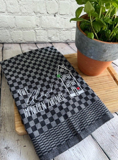 Geschirrtuch Küchenhandtuch bestickt 50x70 Baumwolle Küchendeko Geschenk für Einzug Richtfest Viel Glück