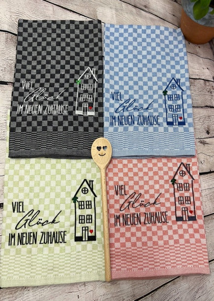 Geschirrtuch Küchenhandtuch bestickt 50x70 Baumwolle Küchendeko Geschenk für Einzug Richtfest Viel Glück